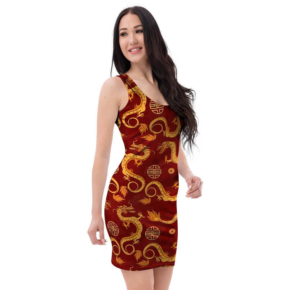 Red Chinese Dragon Bodycon Dress-grizzshop