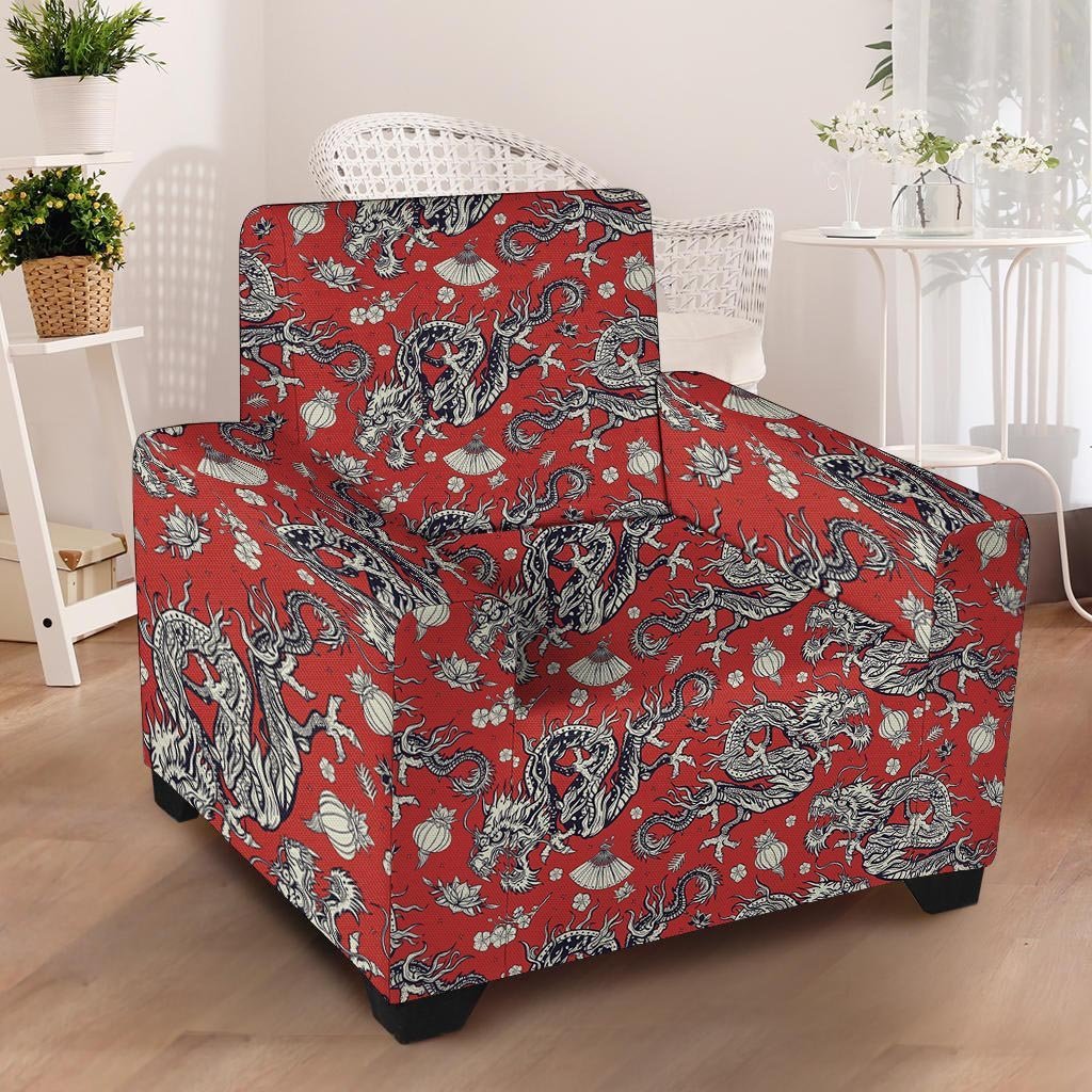 Red Chinese Dragon Floral Print Armchair Cover-grizzshop