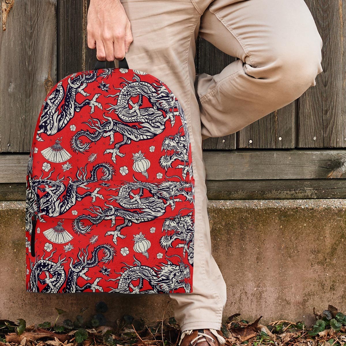 Red Chinese Dragon Floral Print Backpack-grizzshop