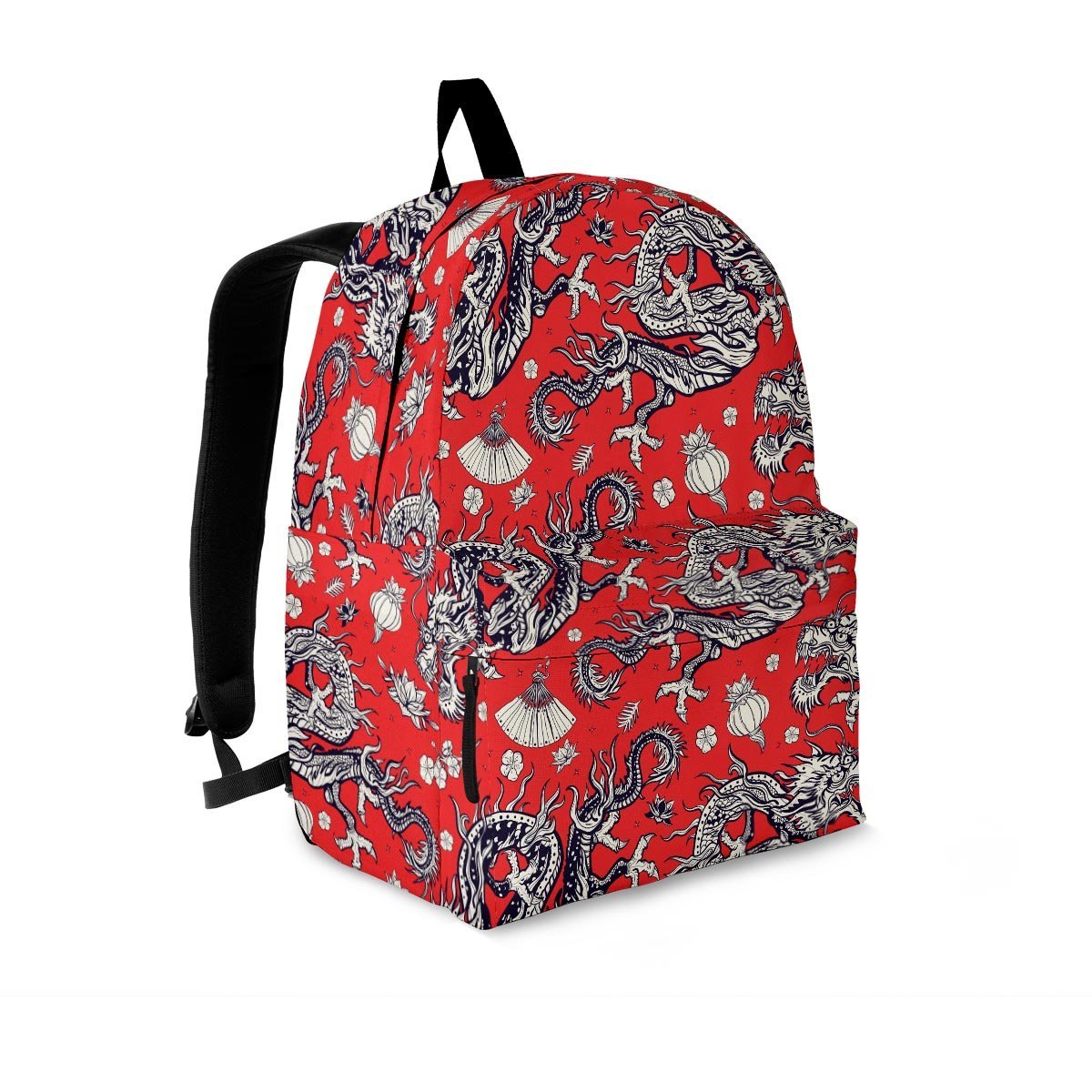 Red Chinese Dragon Floral Print Backpack-grizzshop