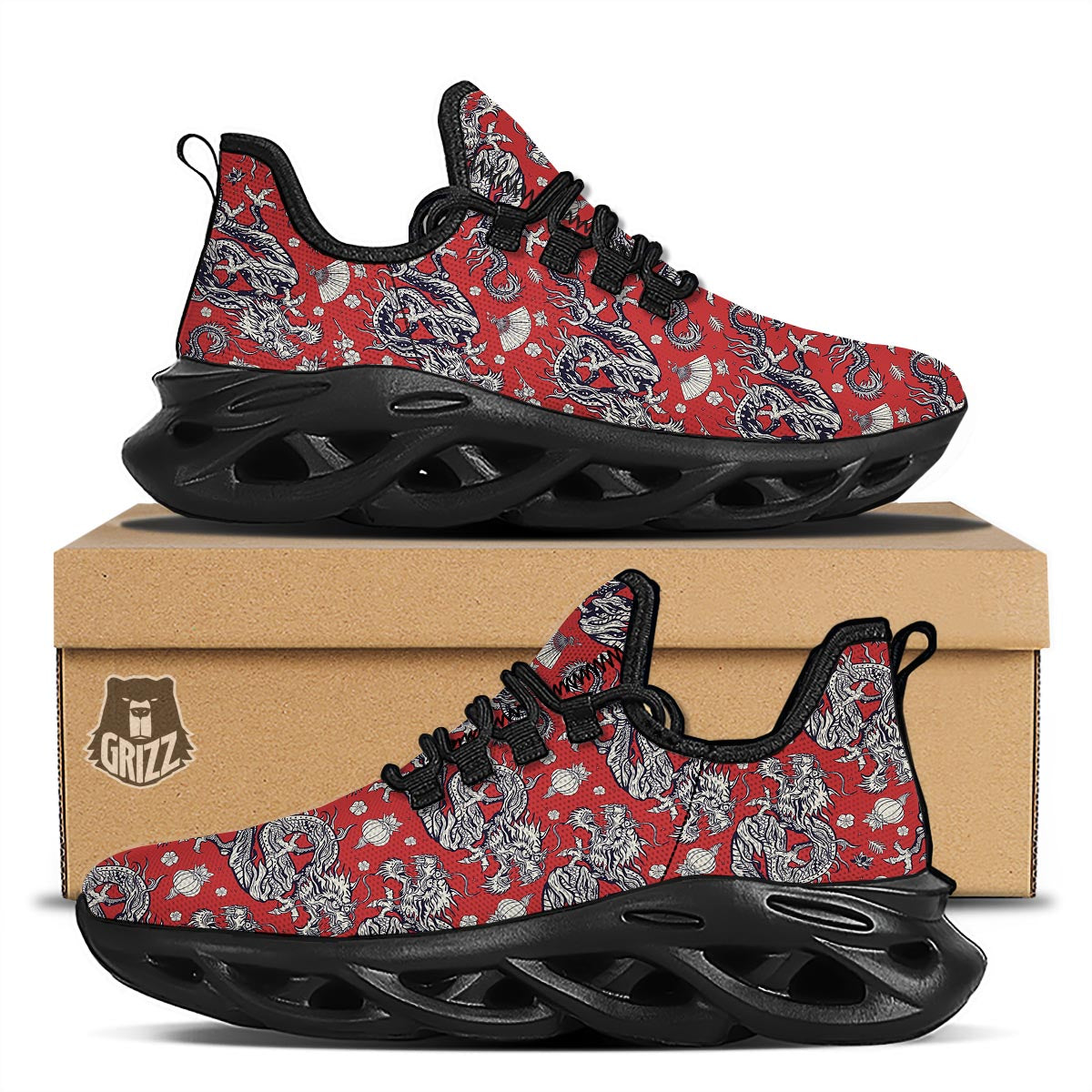 Red Chinese Dragon Floral Print Black Running Shoes-grizzshop