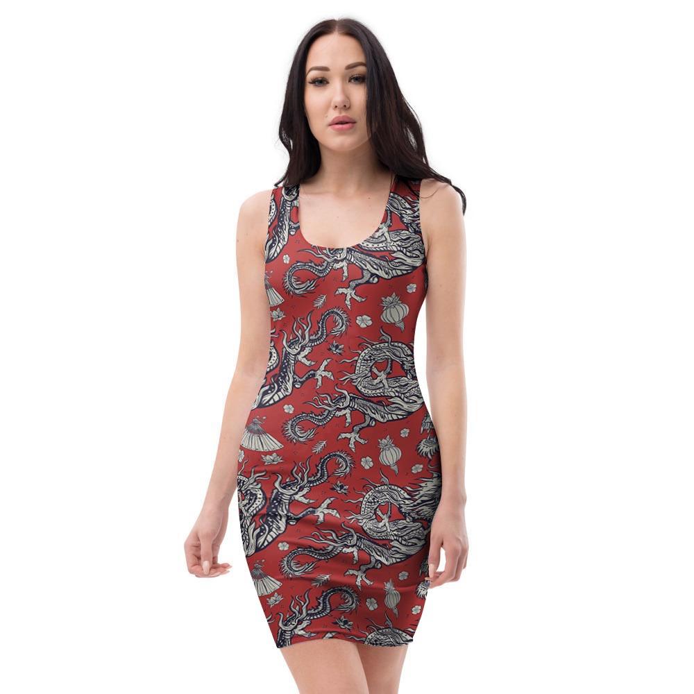 Red Chinese Dragon Floral Print Bodycon Dress-grizzshop