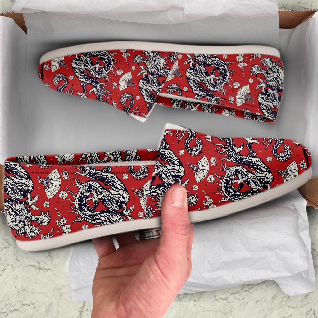 Red Chinese Dragon Floral Print Canvas Shoes-grizzshop