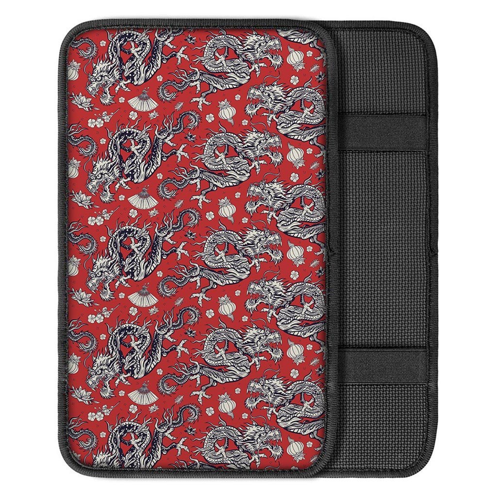 Red Chinese Dragon Floral Print Car Console Cover-grizzshop