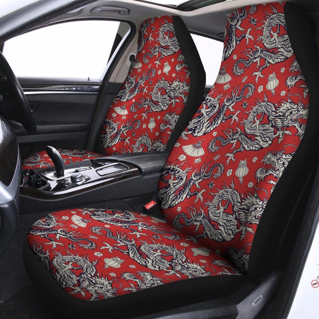 Red Chinese Dragon Floral Print Car Seat Covers-grizzshop