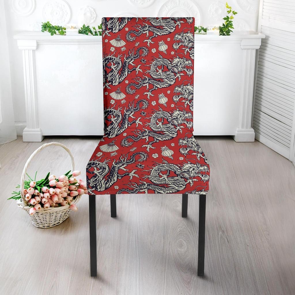Red Chinese Dragon Floral Print Chair Cover-grizzshop