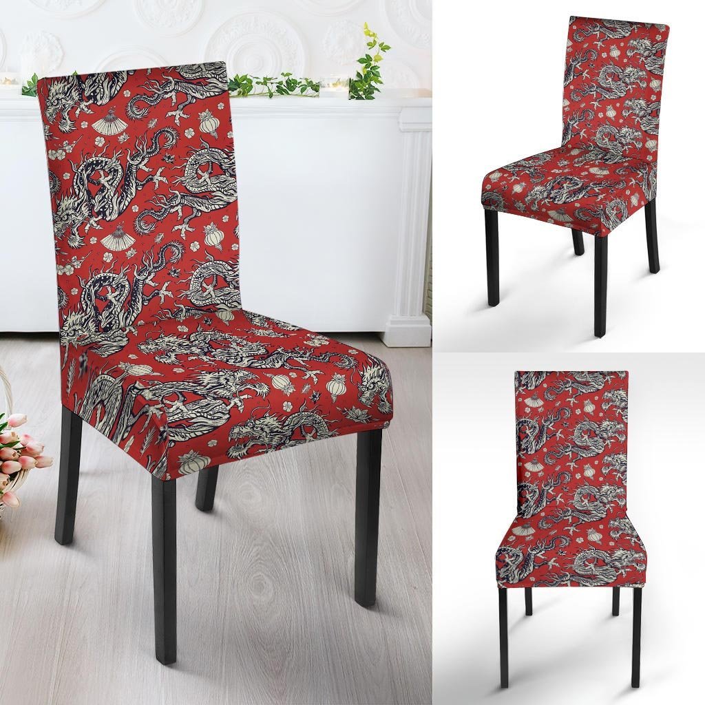 Red Chinese Dragon Floral Print Chair Cover-grizzshop