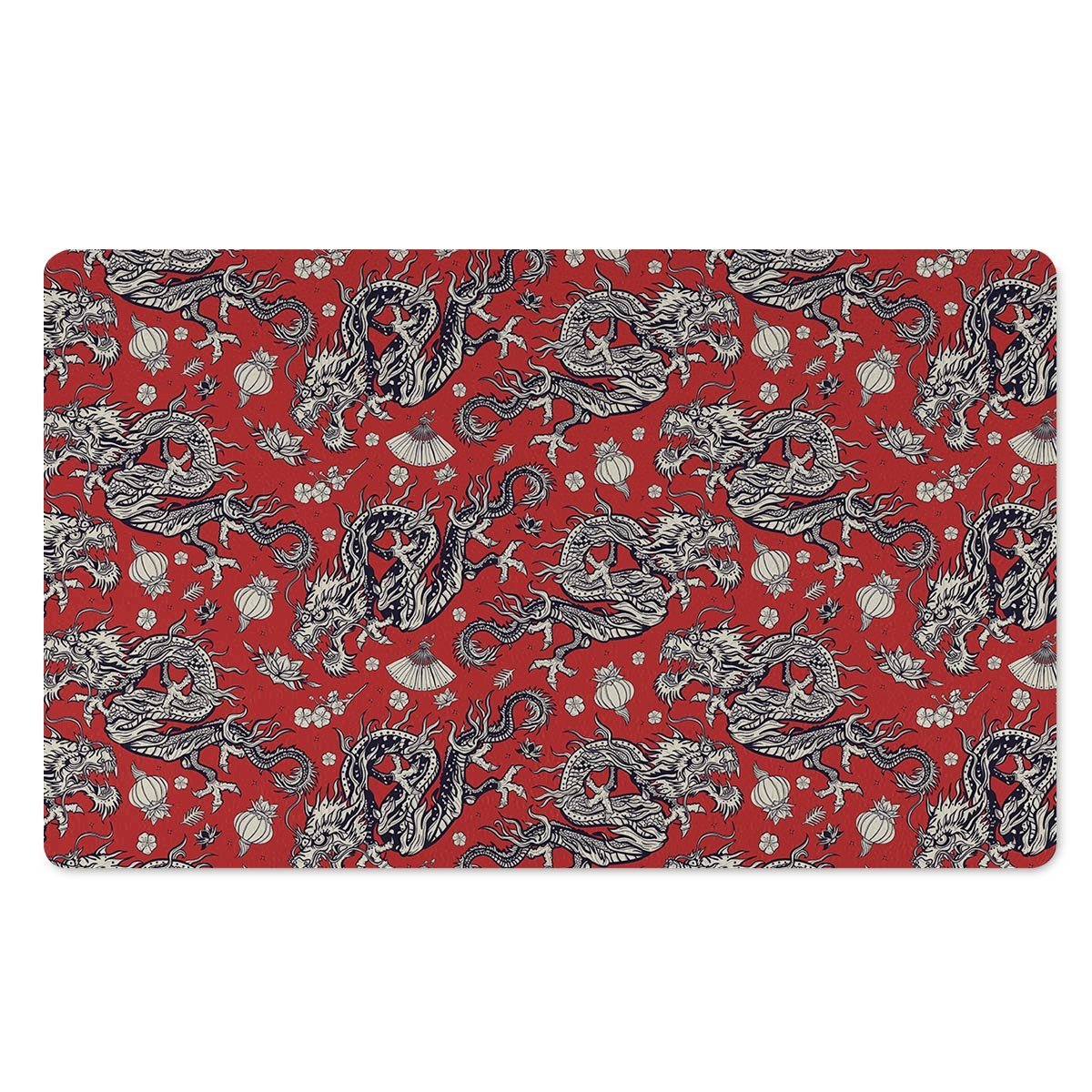 Red Chinese Dragon Floral Print Door Mat-grizzshop