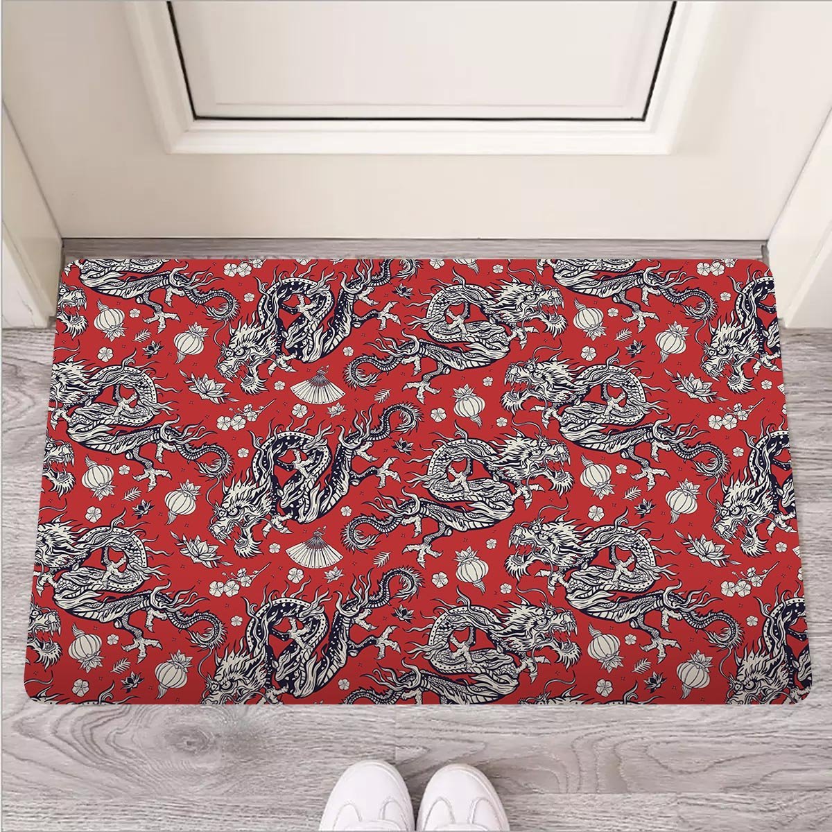 Red Chinese Dragon Floral Print Door Mat-grizzshop