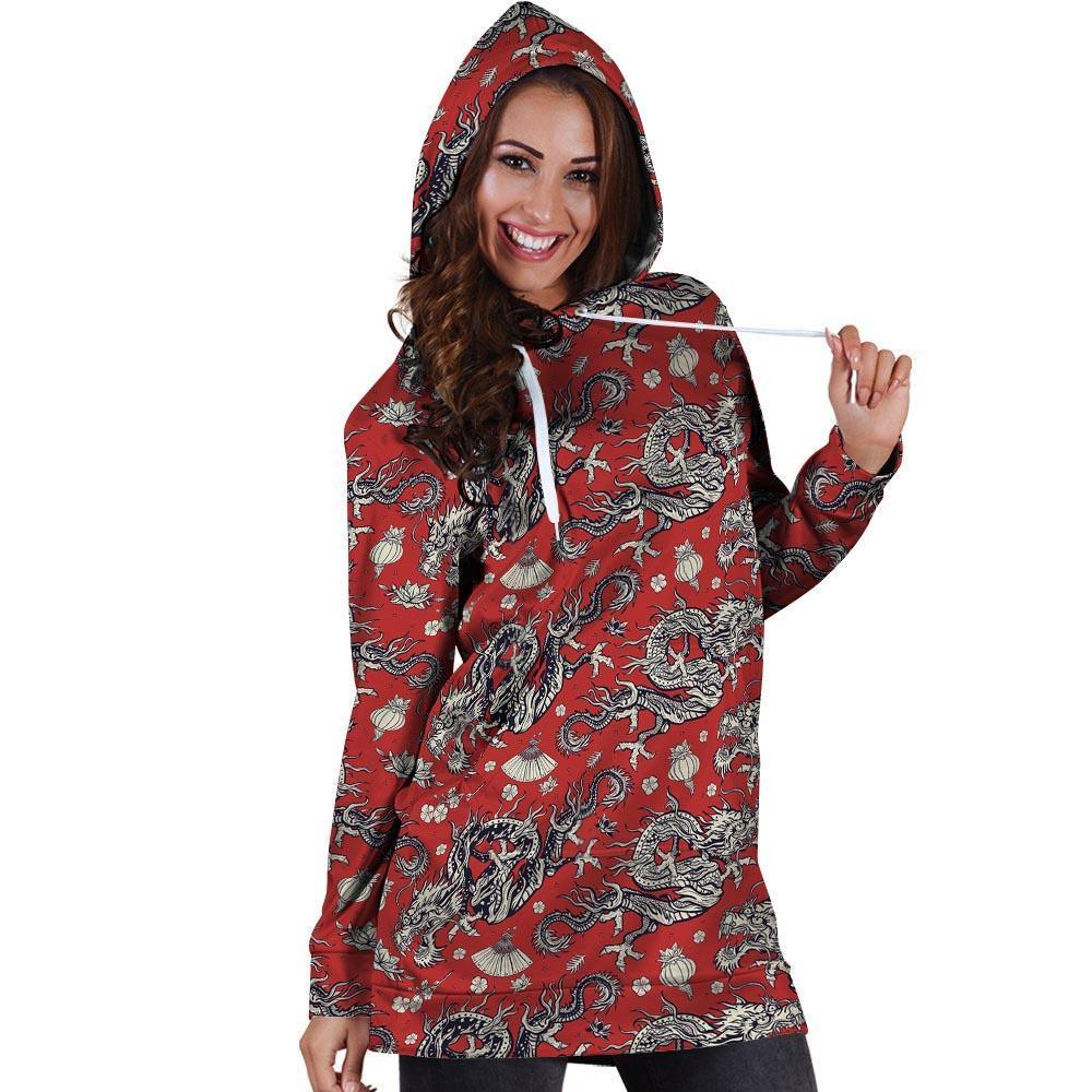 Red Chinese Dragon Floral Print Hoodie Dress-grizzshop