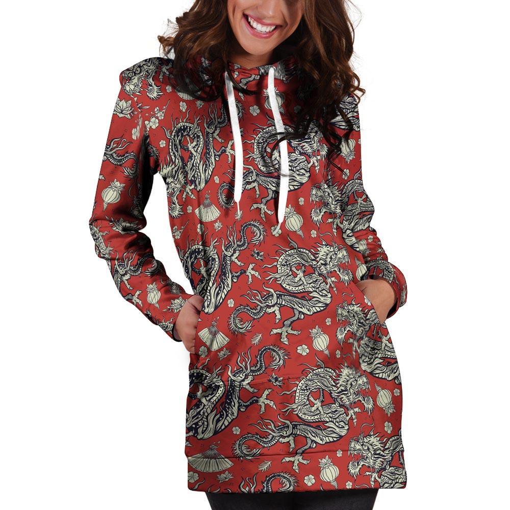 Red Chinese Dragon Floral Print Hoodie Dress-grizzshop