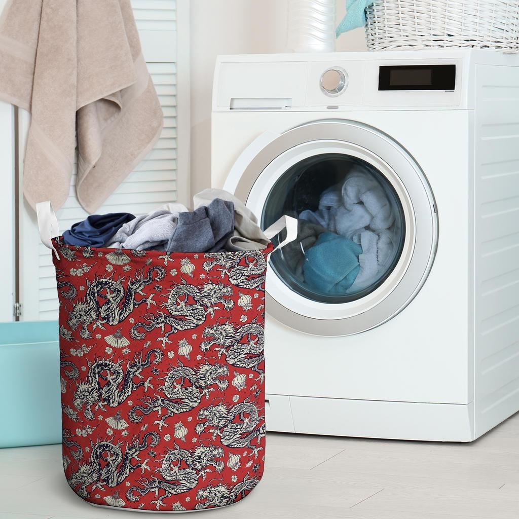 Red Chinese Dragon Floral Print Laundry Basket-grizzshop