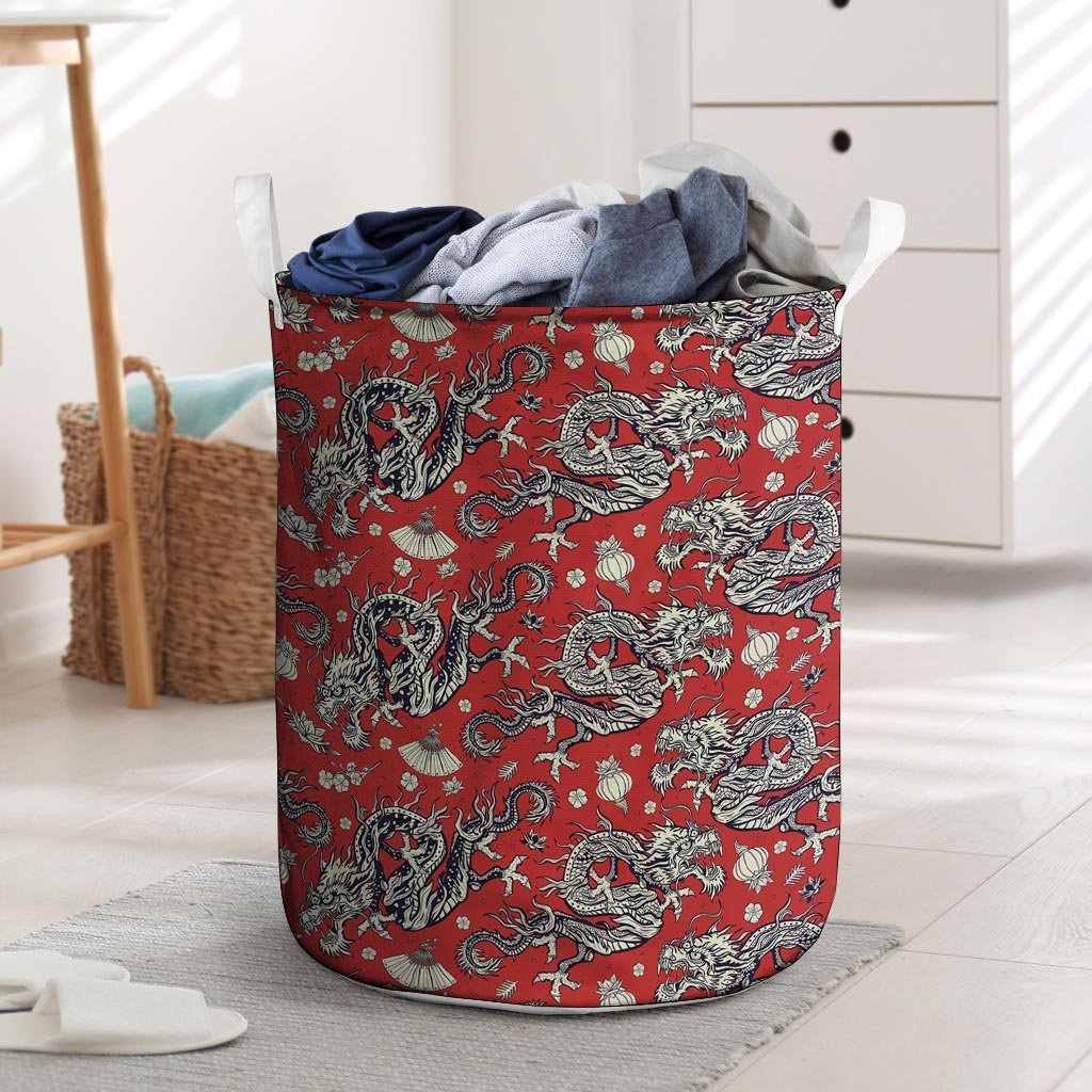 Red Chinese Dragon Floral Print Laundry Basket-grizzshop
