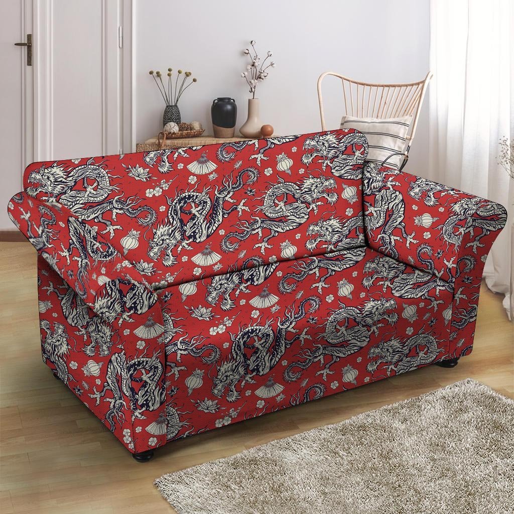 Red Chinese Dragon Floral Print Loveseat Cover-grizzshop