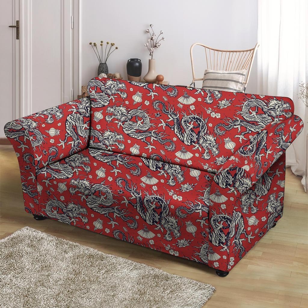 Red Chinese Dragon Floral Print Loveseat Cover-grizzshop