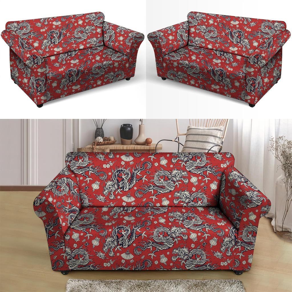 Red Chinese Dragon Floral Print Loveseat Cover-grizzshop