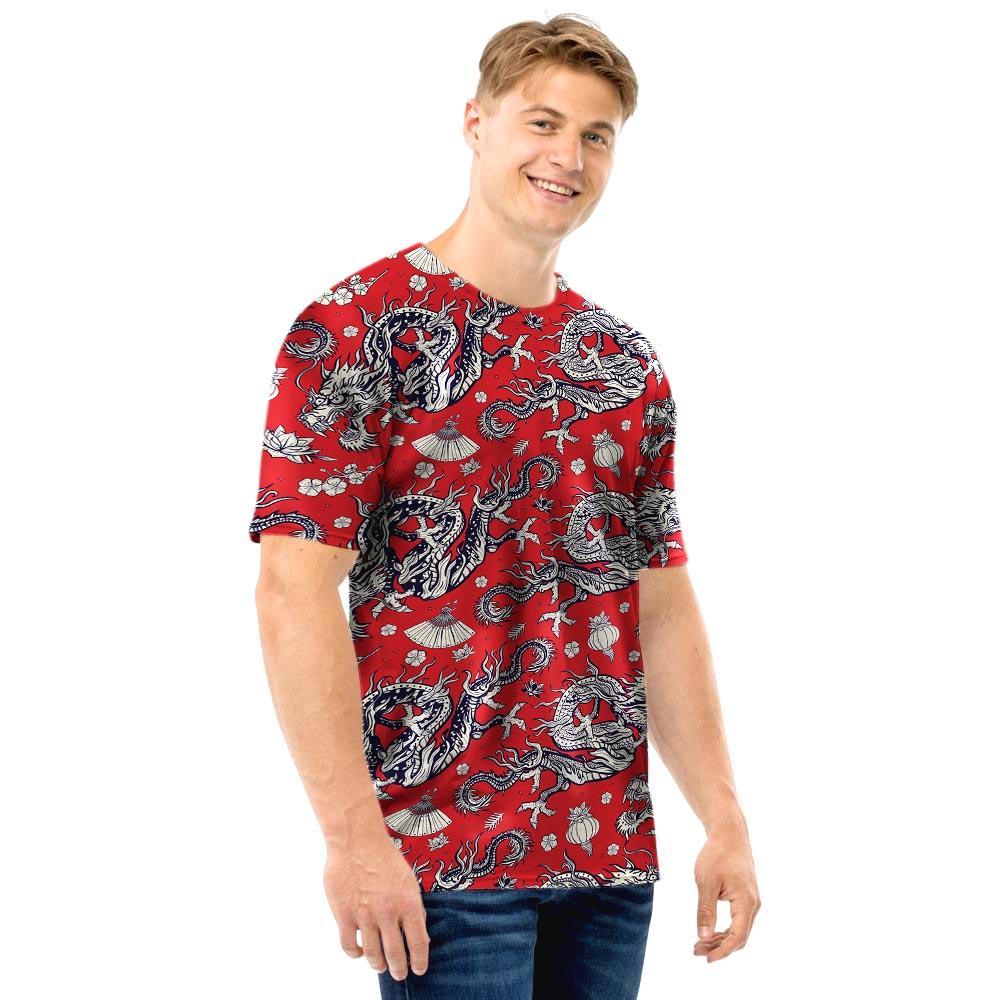 Red Chinese Dragon Floral Print Men T Shirt-grizzshop