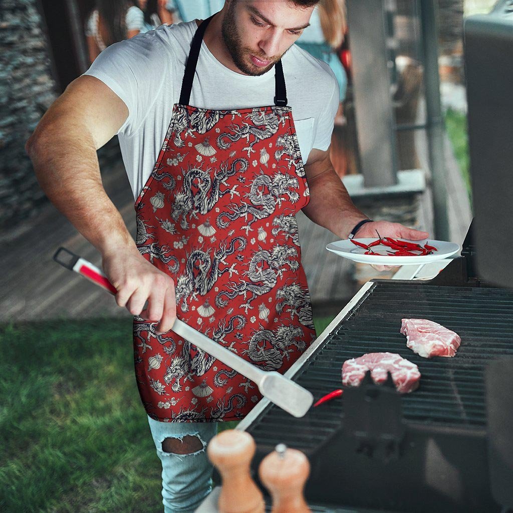 Red Chinese Dragon Floral Print Men's Apron-grizzshop