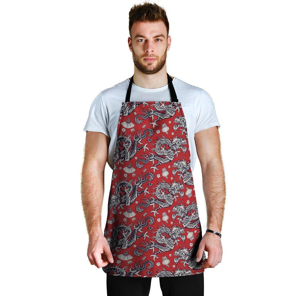 Red Chinese Dragon Floral Print Men's Apron-grizzshop