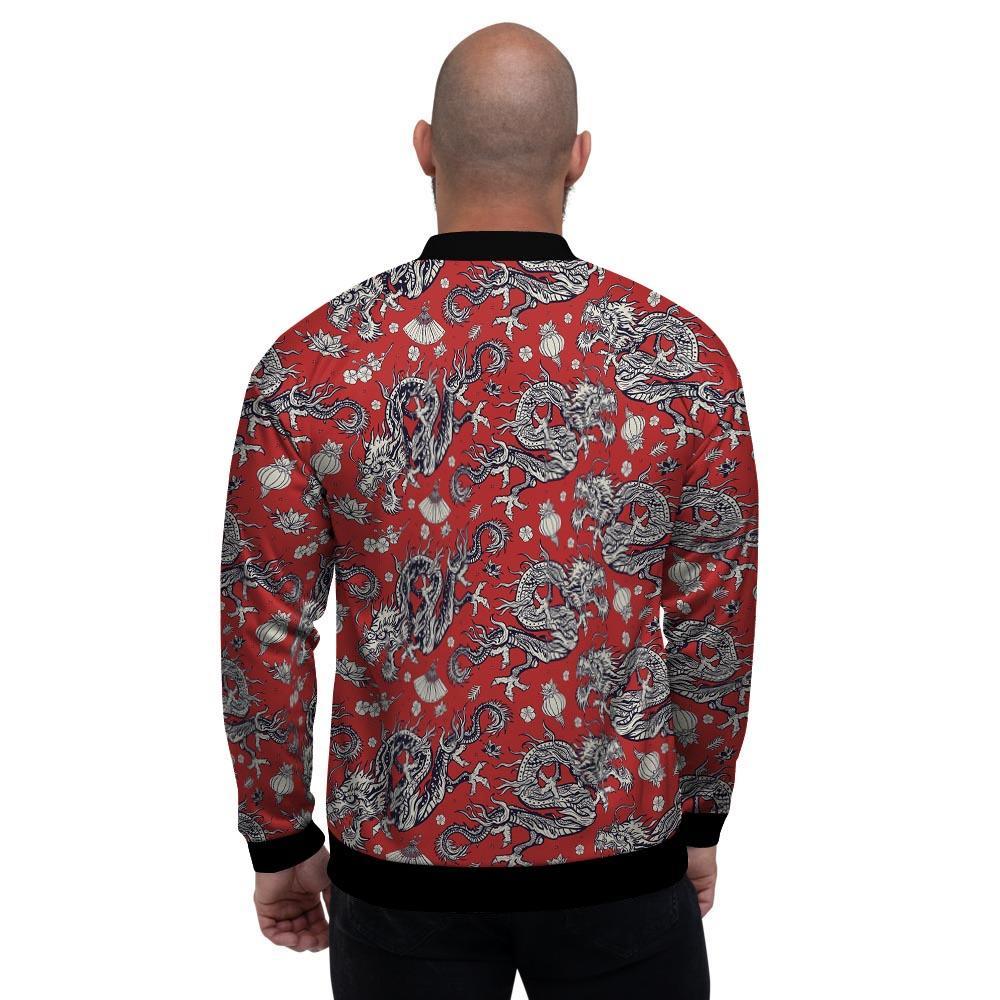 Red Chinese Dragon Floral Print Men's Bomber Jacket-grizzshop