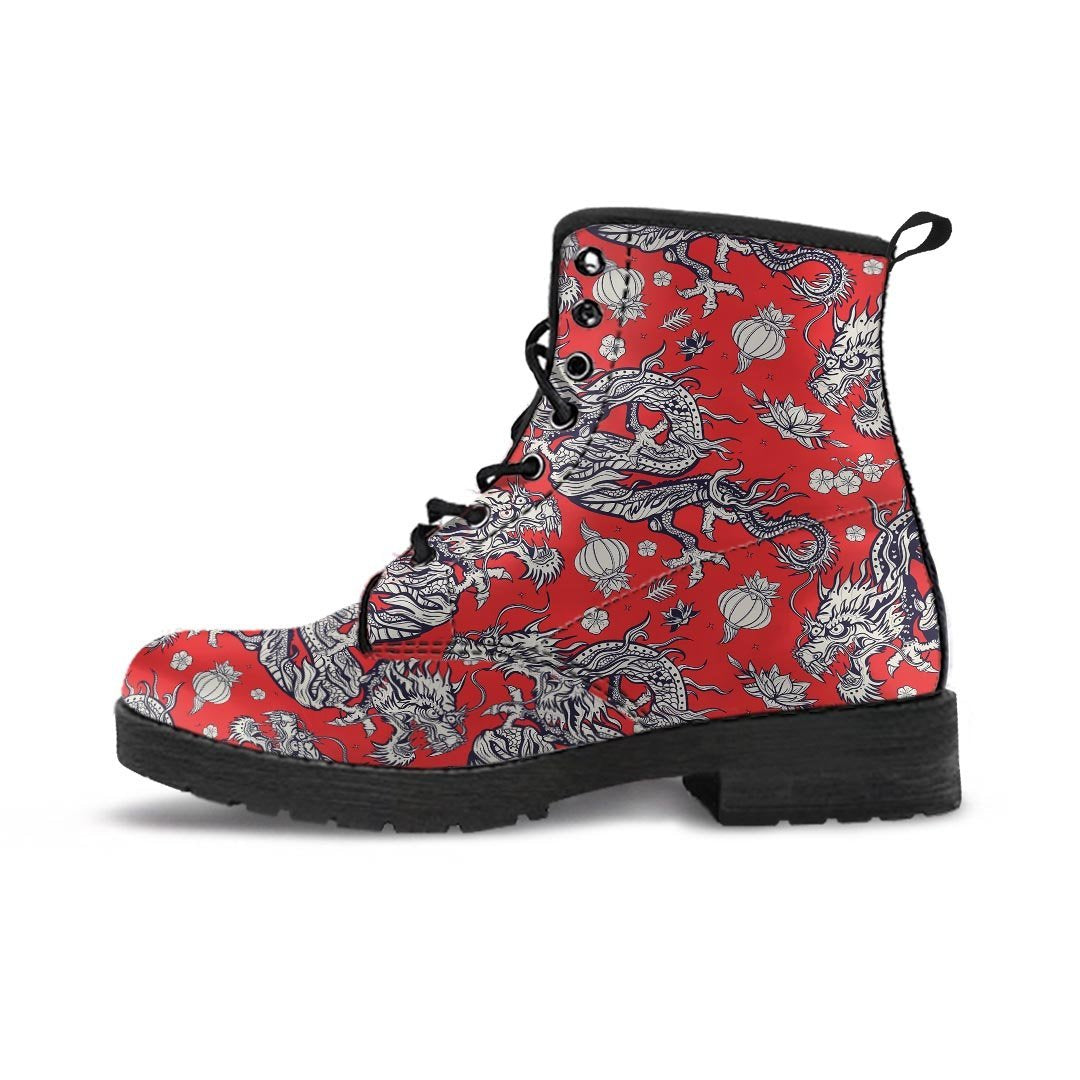 Red Chinese Dragon Floral Print Men's Boots-grizzshop