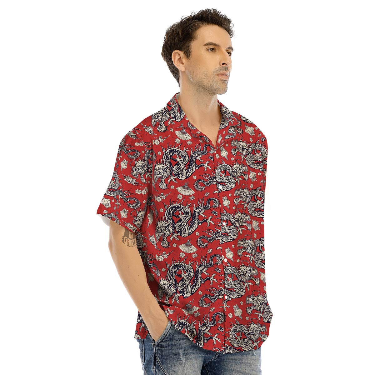 Red Chinese Dragon Floral Print Men’s Hawaiian Shirt-grizzshop
