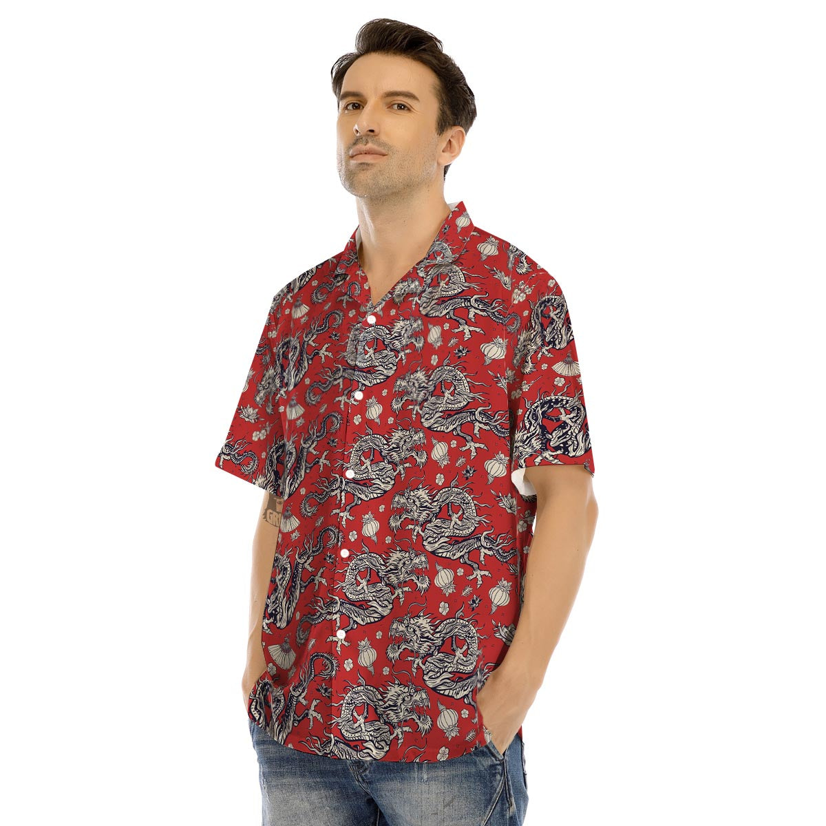 Red Chinese Dragon Floral Print Men’s Hawaiian Shirt-grizzshop