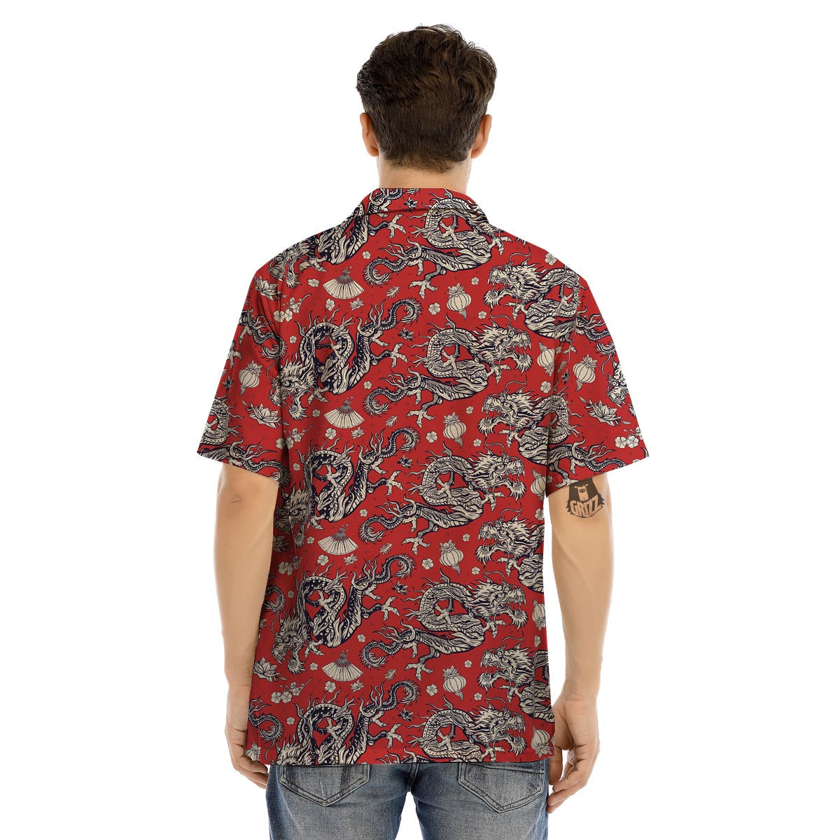 Red Chinese Dragon Floral Print Men’s Hawaiian Shirt-grizzshop