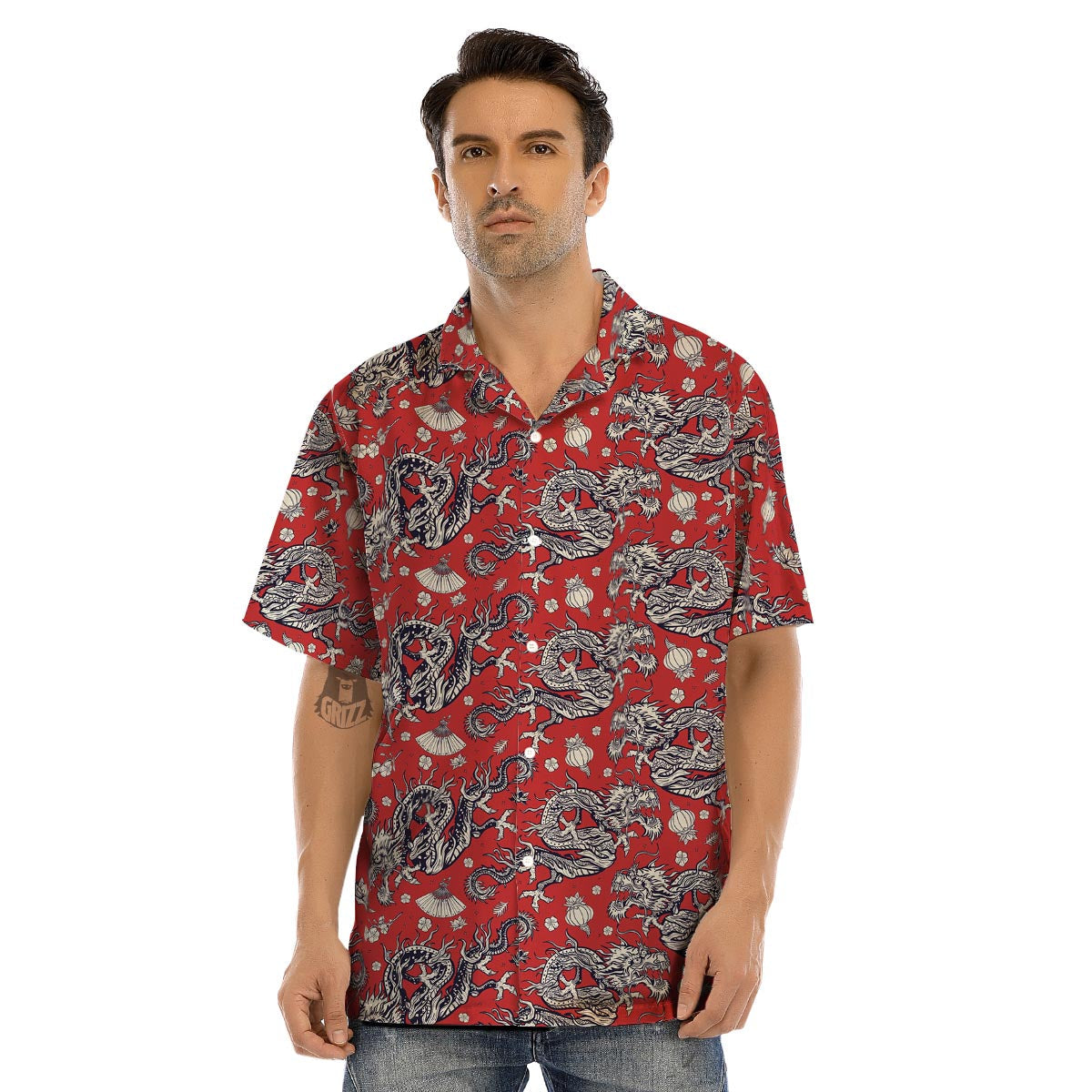 Red Chinese Dragon Floral Print Men’s Hawaiian Shirt-grizzshop