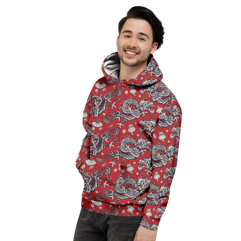 Red Chinese Dragon Floral Print Men's Hoodie-grizzshop