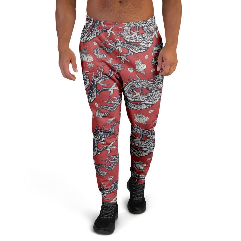 Red Chinese Dragon Floral Print Men's Joggers-grizzshop