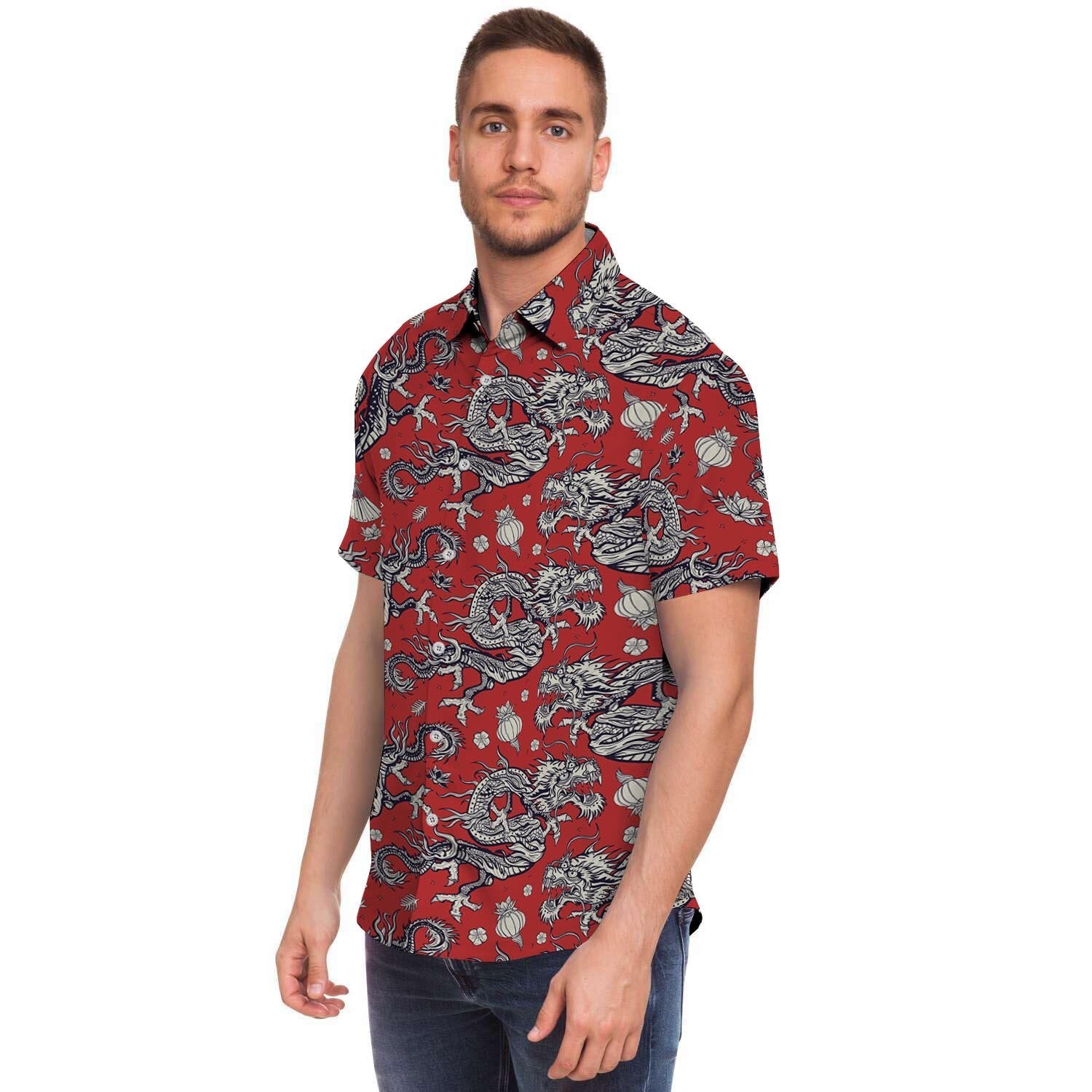 Red Chinese Dragon Floral Print Men's Short Sleeve Shirt-grizzshop