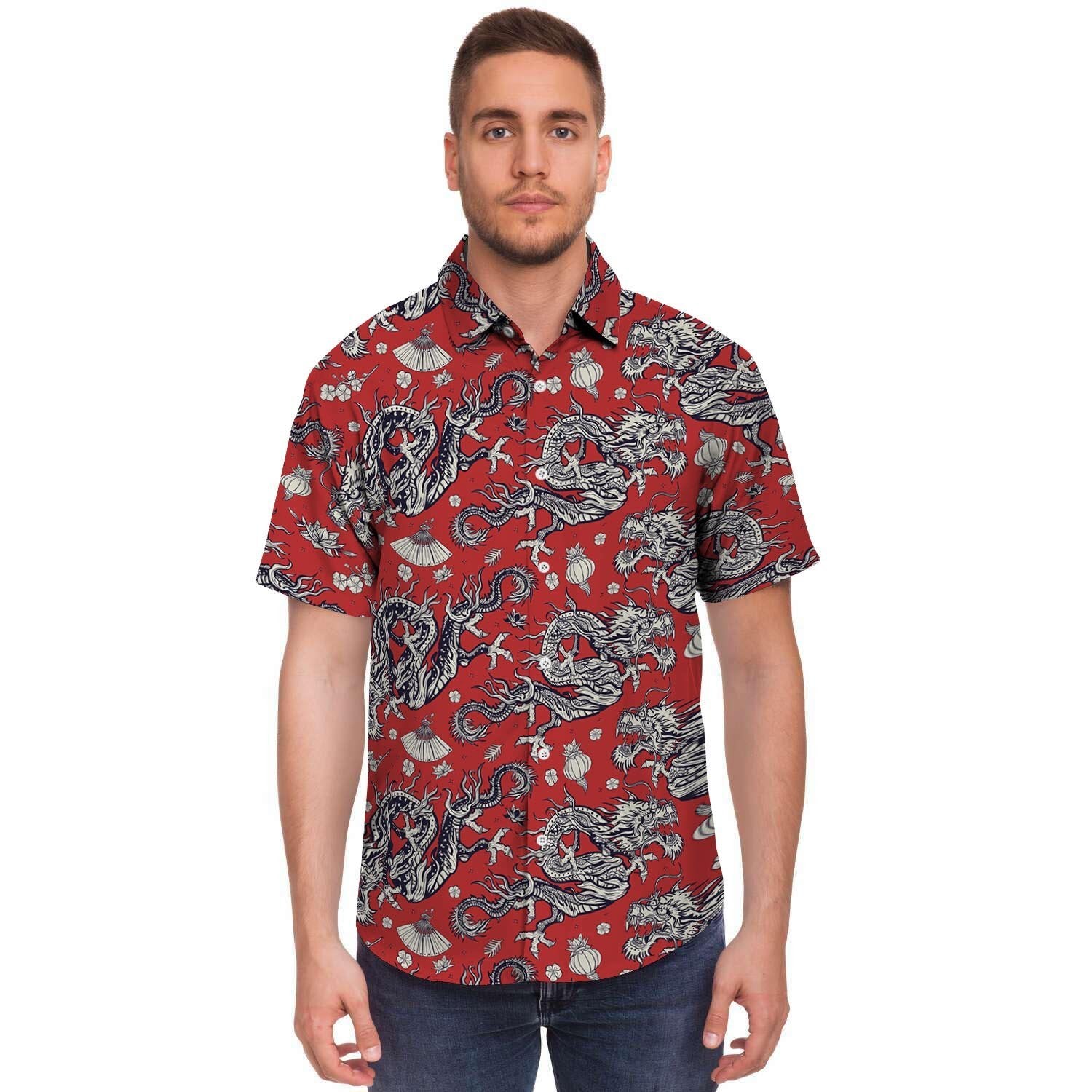 Red Chinese Dragon Floral Print Men's Short Sleeve Shirt-grizzshop