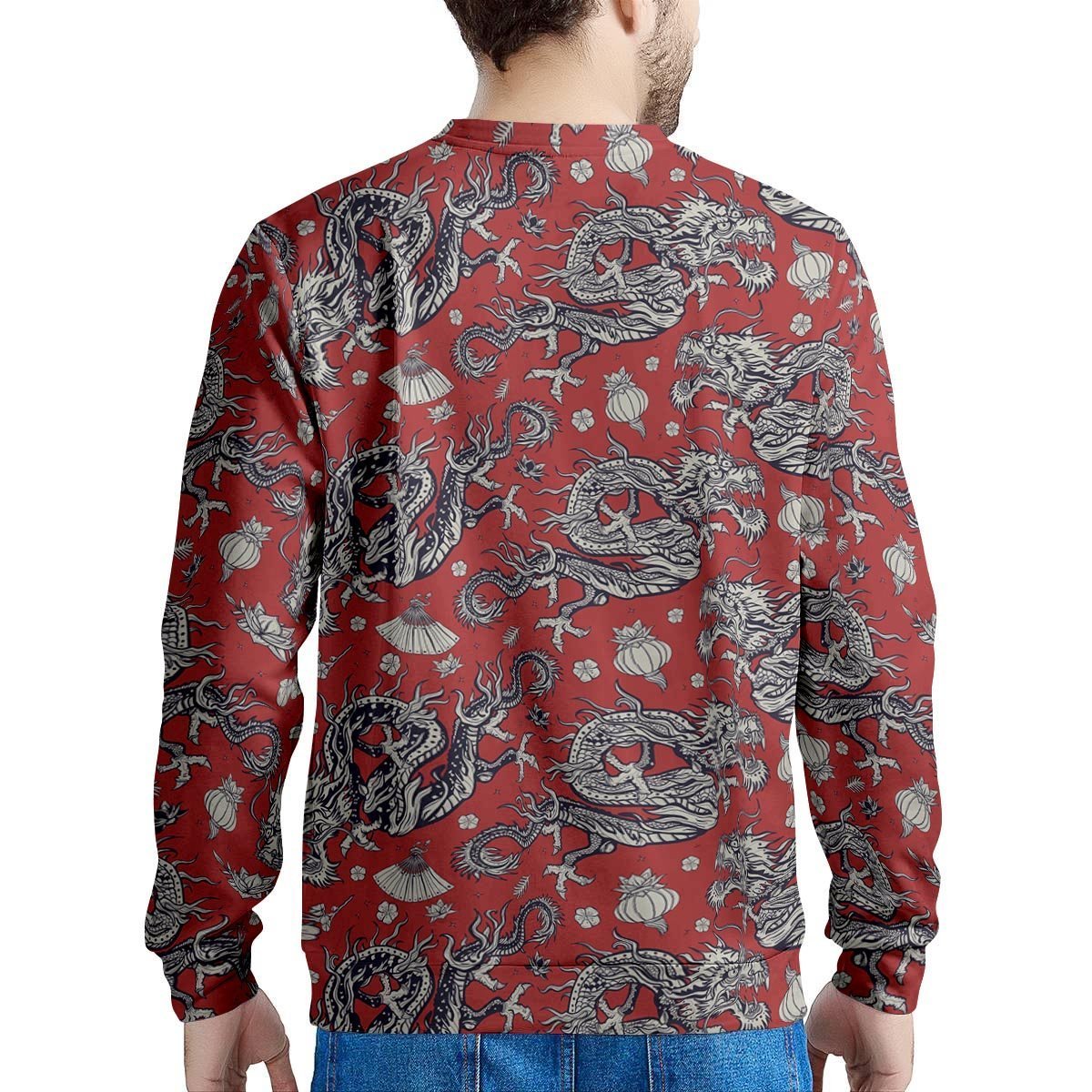 Red Chinese Dragon Floral Print Men's Sweatshirt-grizzshop