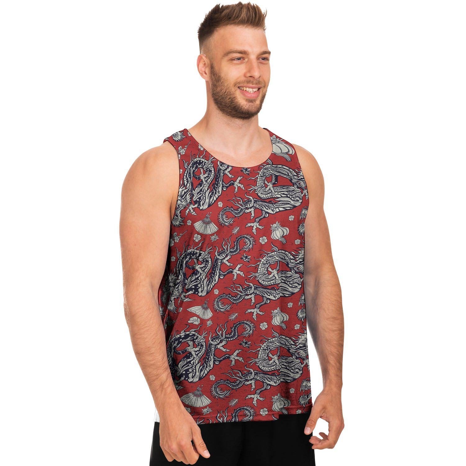 Red Chinese Dragon Floral Print Men's Tank Tops-grizzshop