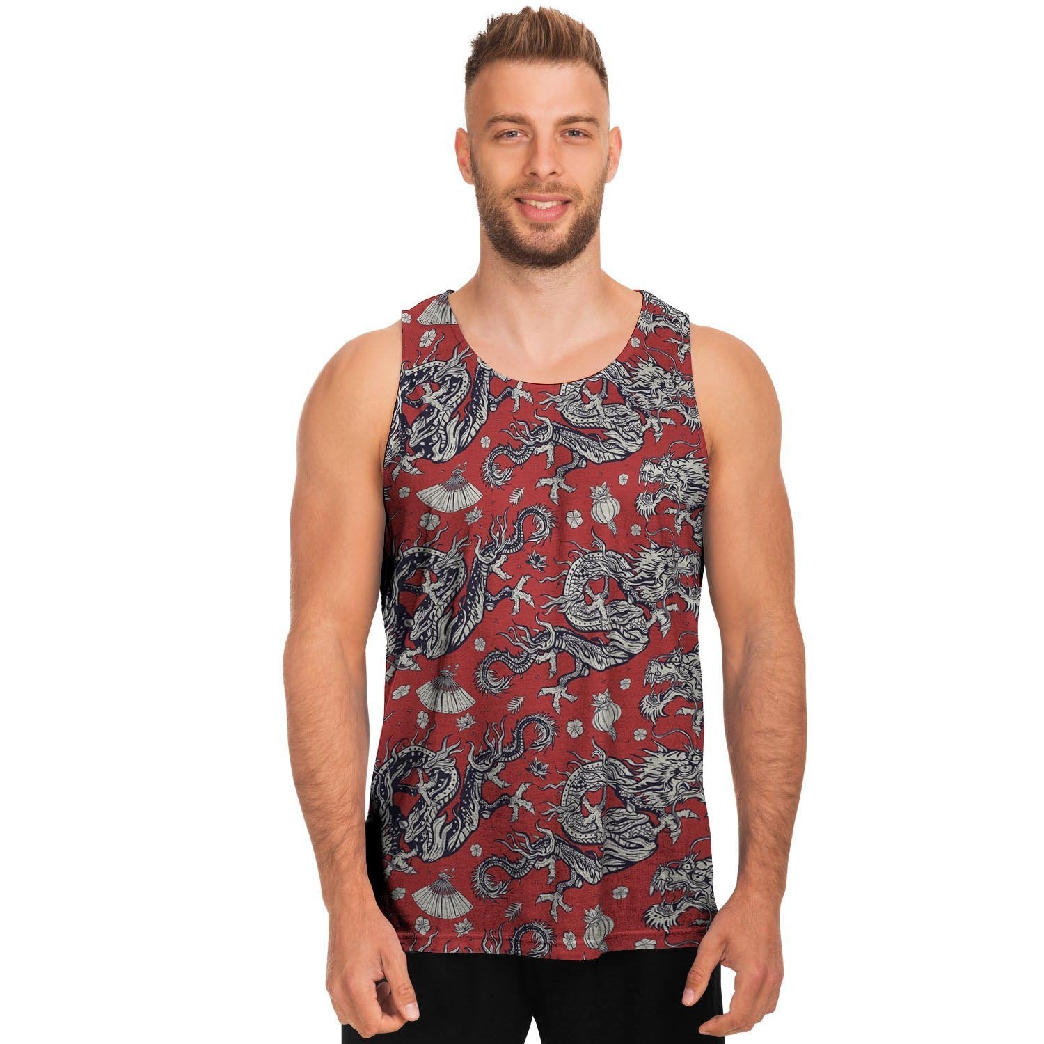 Red Chinese Dragon Floral Print Men's Tank Tops-grizzshop