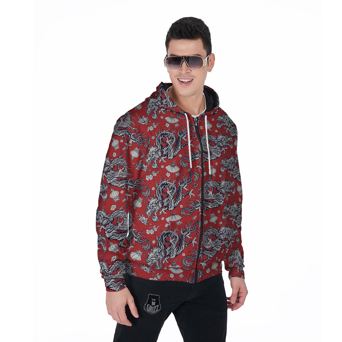 Red Chinese Dragon Floral Print Men's Zip Up Hoodie-grizzshop