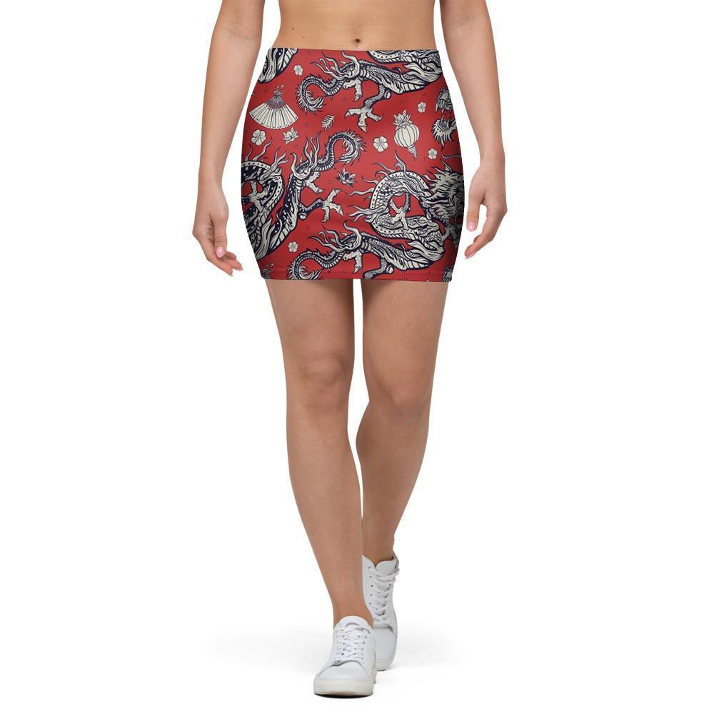 Red Chinese Dragon Floral Print Mini Skirt-grizzshop