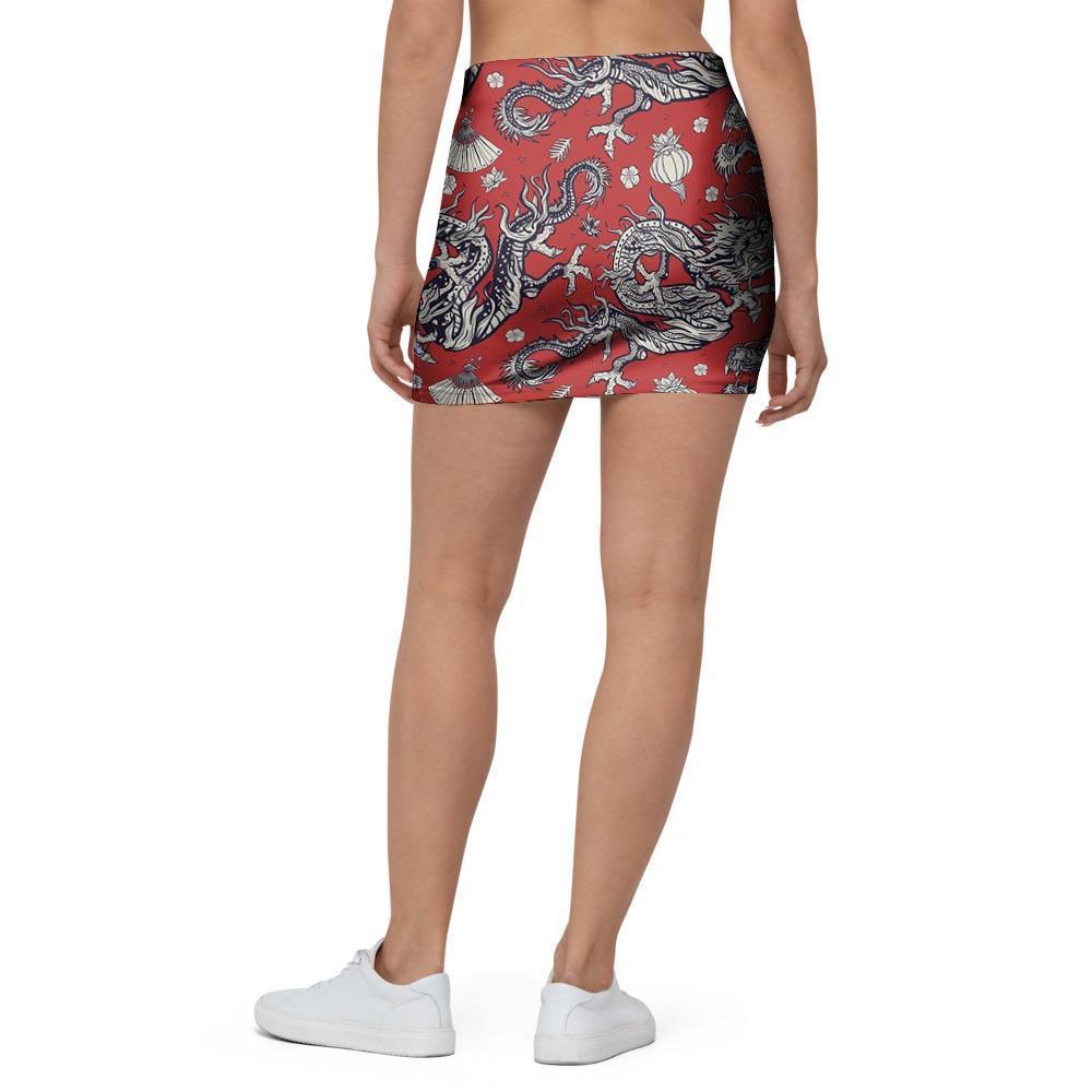 Red Chinese Dragon Floral Print Mini Skirt-grizzshop