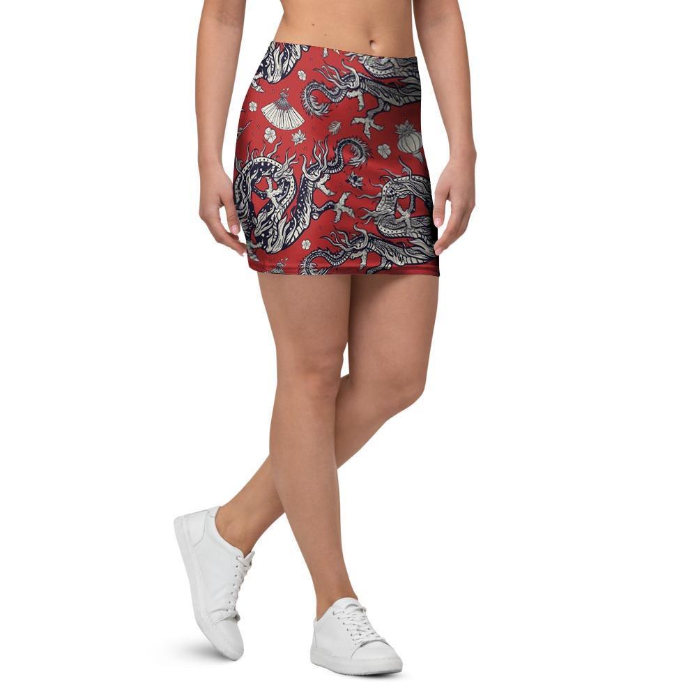 Red Chinese Dragon Floral Print Mini Skirt-grizzshop