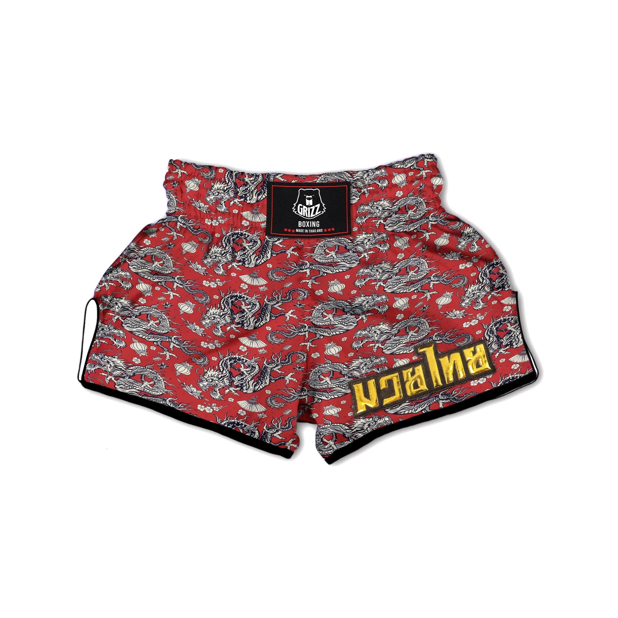 Red Chinese Dragon Floral Print Muay Thai Boxing Shorts-grizzshop