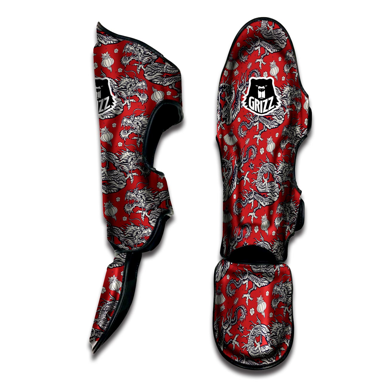 Red Chinese Dragon Floral Print Muay Thai Shin Guard-grizzshop