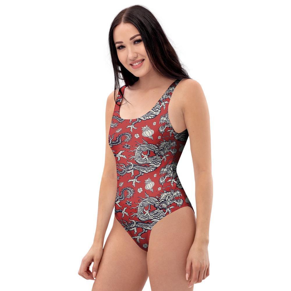 Red Chinese Dragon Floral Print One Piece Swimsuite-grizzshop