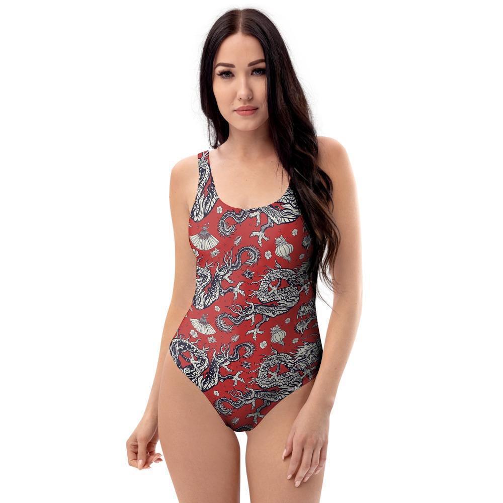 Red Chinese Dragon Floral Print One Piece Swimsuite-grizzshop