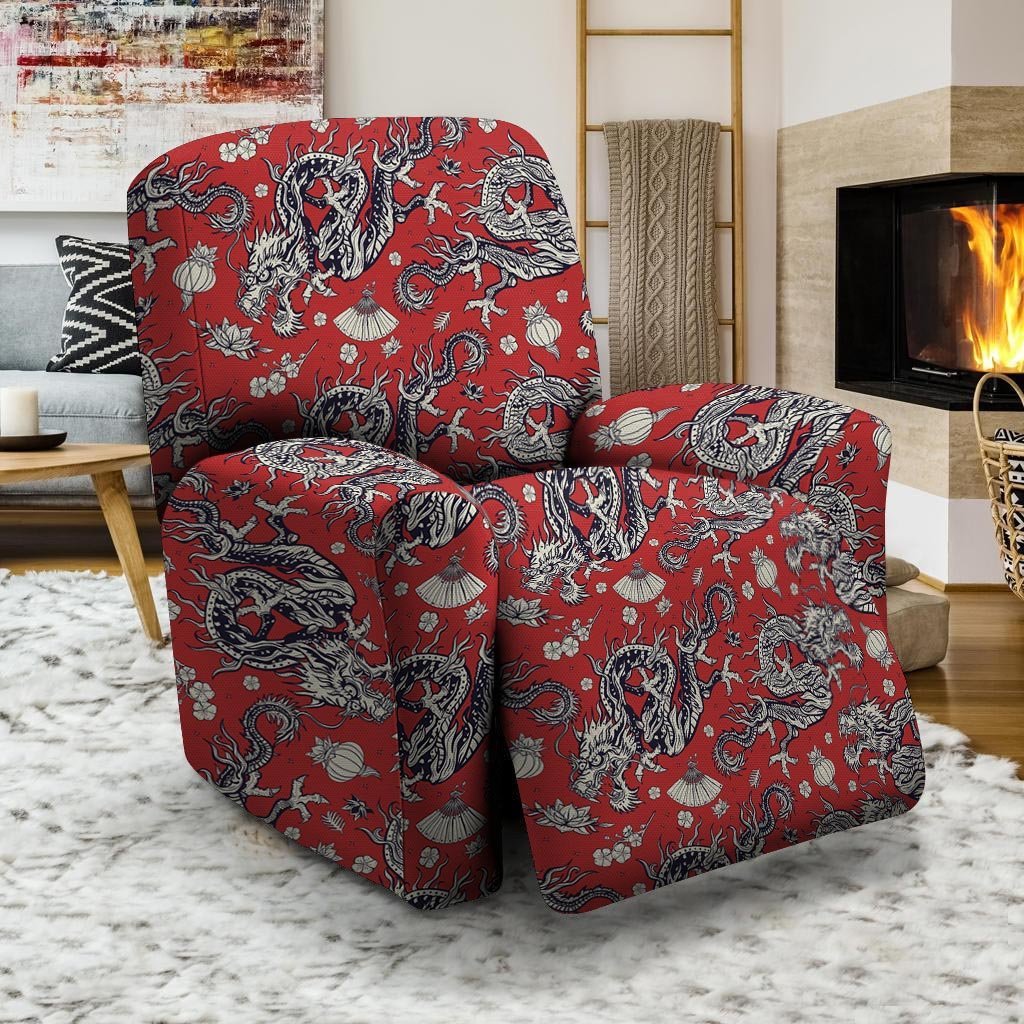 Red Chinese Dragon Floral Print Recliner Cover-grizzshop