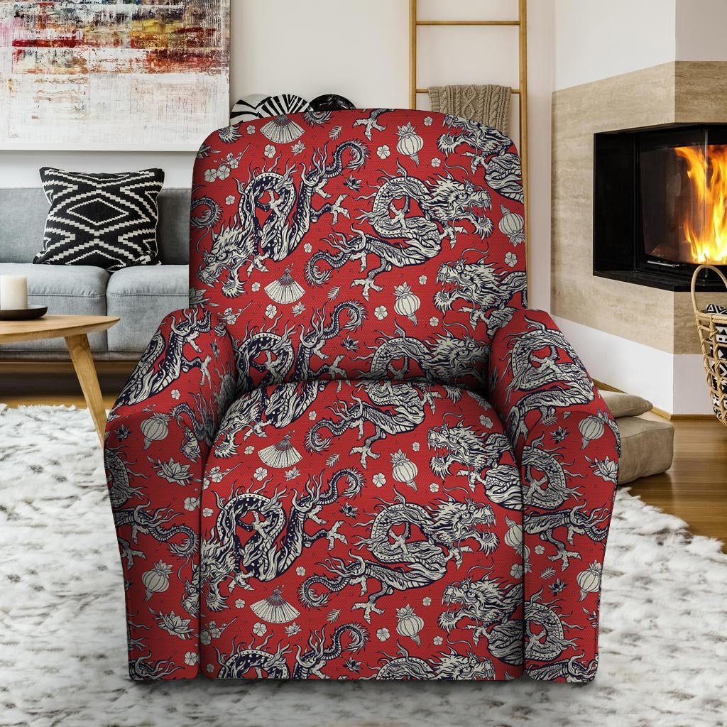 Red Chinese Dragon Floral Print Recliner Cover-grizzshop