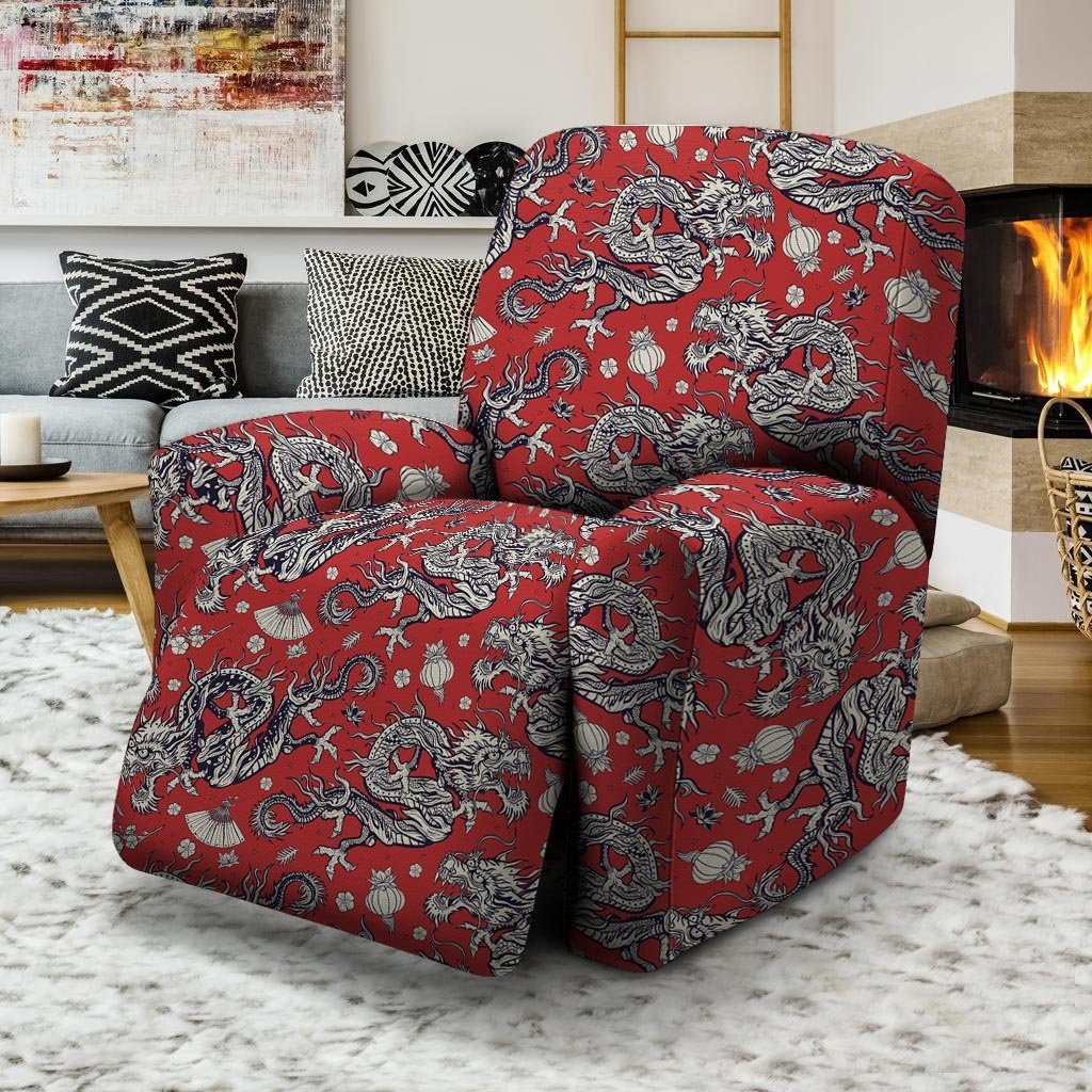 Red Chinese Dragon Floral Print Recliner Cover-grizzshop