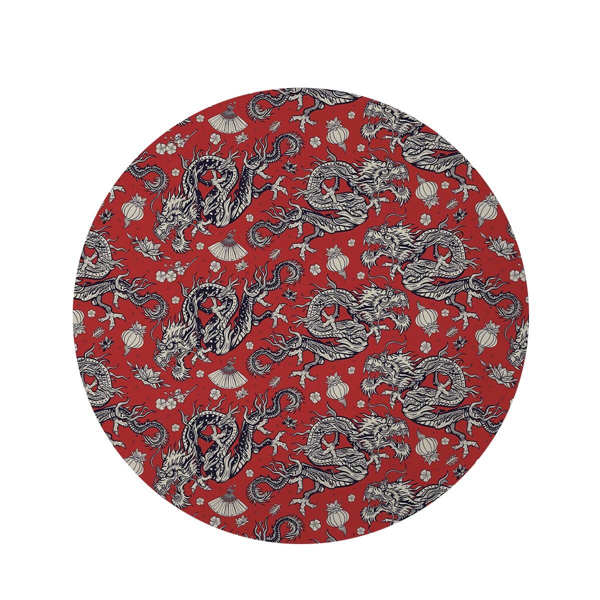 Red Chinese Dragon Floral Print Round Rug-grizzshop