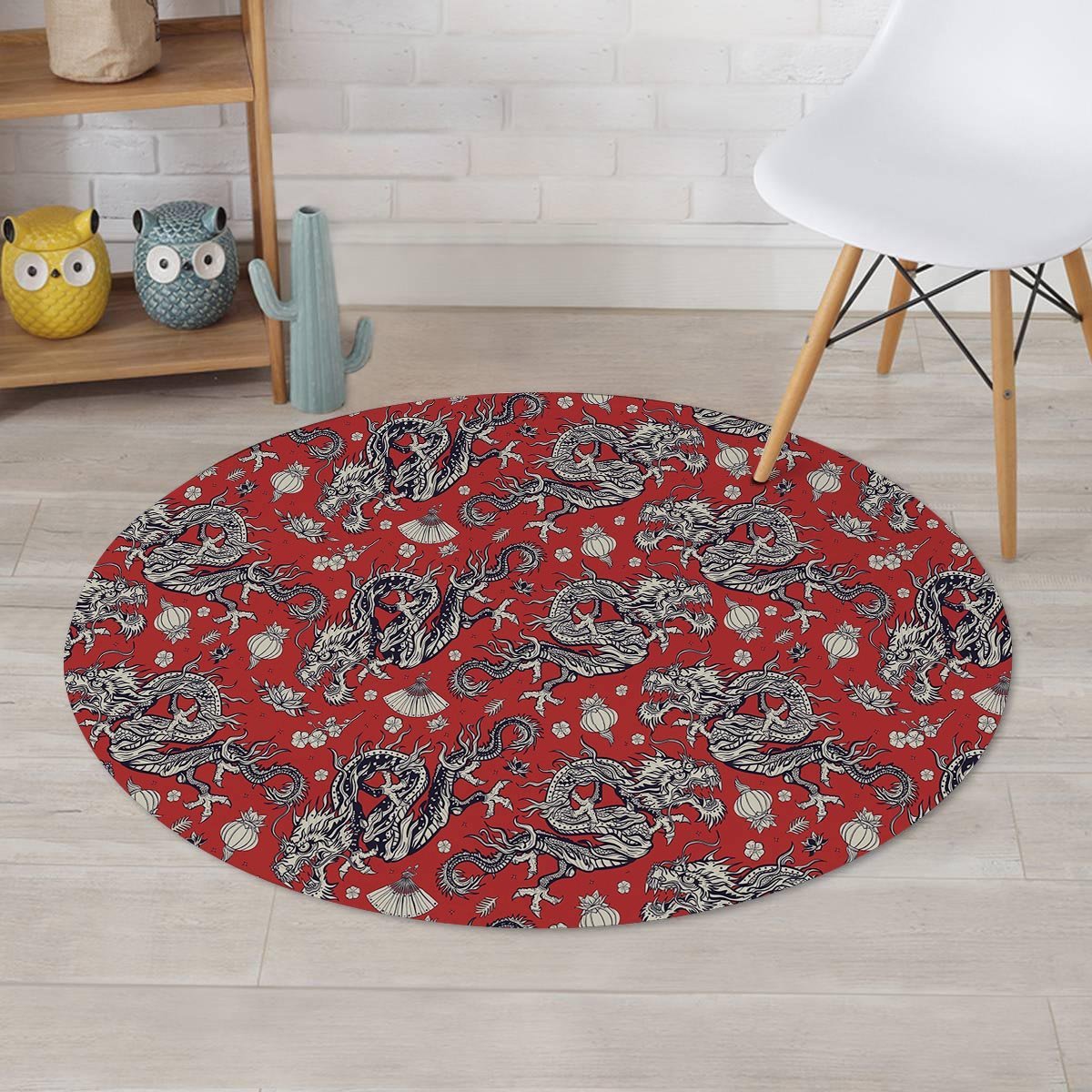 Red Chinese Dragon Floral Print Round Rug-grizzshop