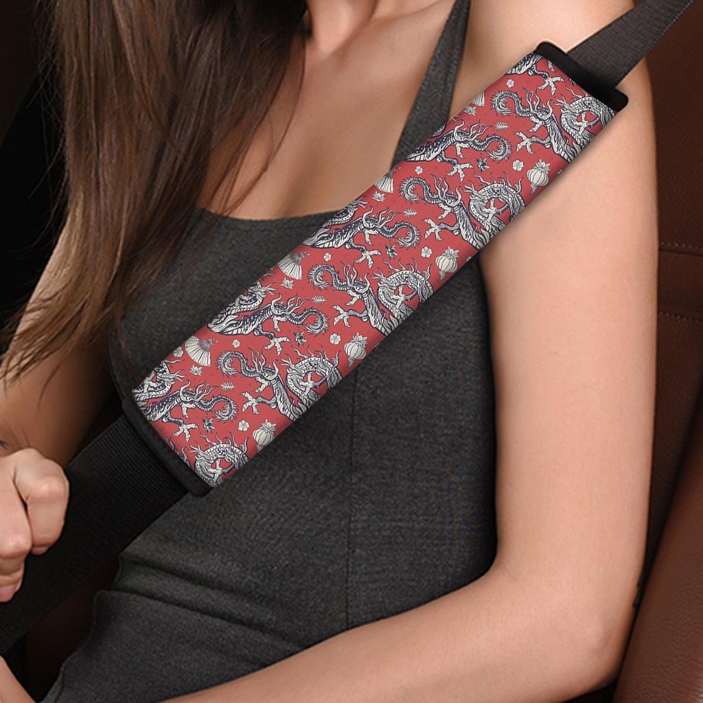 Red Chinese Dragon Floral Print Seat Belt Cover-grizzshop